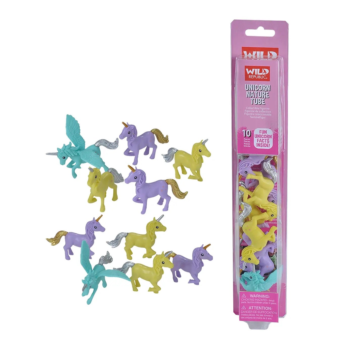 Packaged set of colorful unicorn figurines with a pink Wild Republic label.