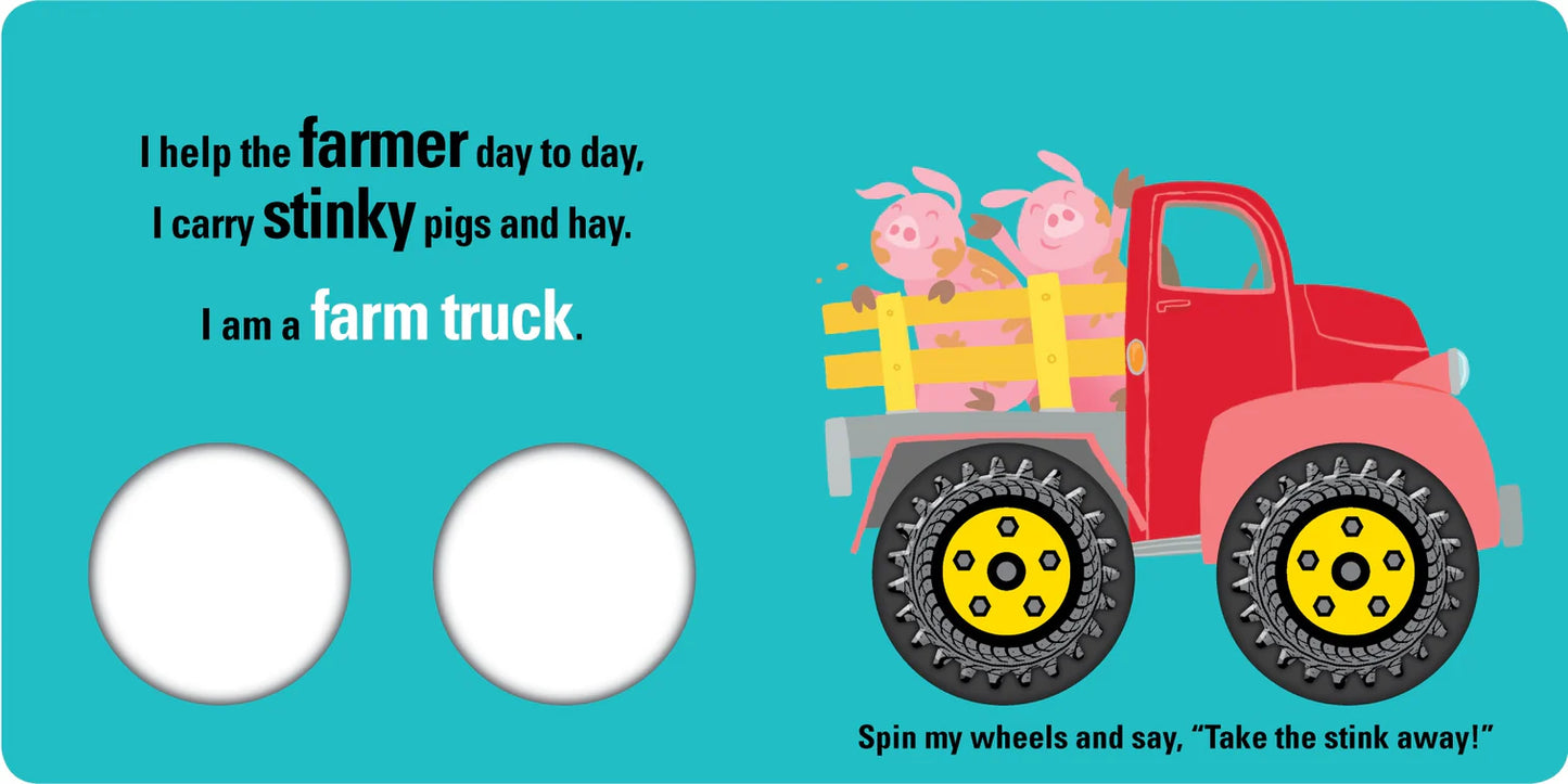 Kids Board Book - Let's Go Stinky Trucks - Spin Me Wheels - Angus & Dudley Collections