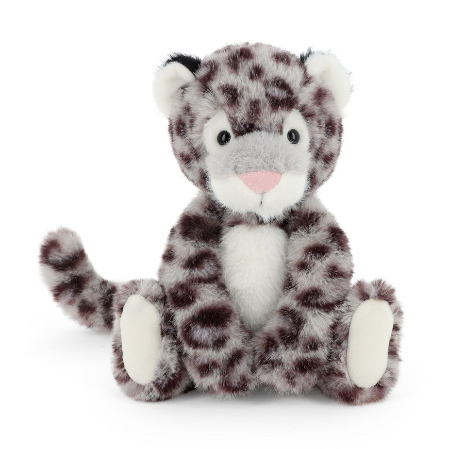 Plush toy leopard with brown spots on a white background