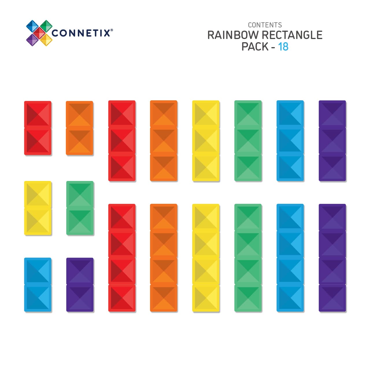 Connetix Tiles - 18 Piece Rainbow Rectangle Pack