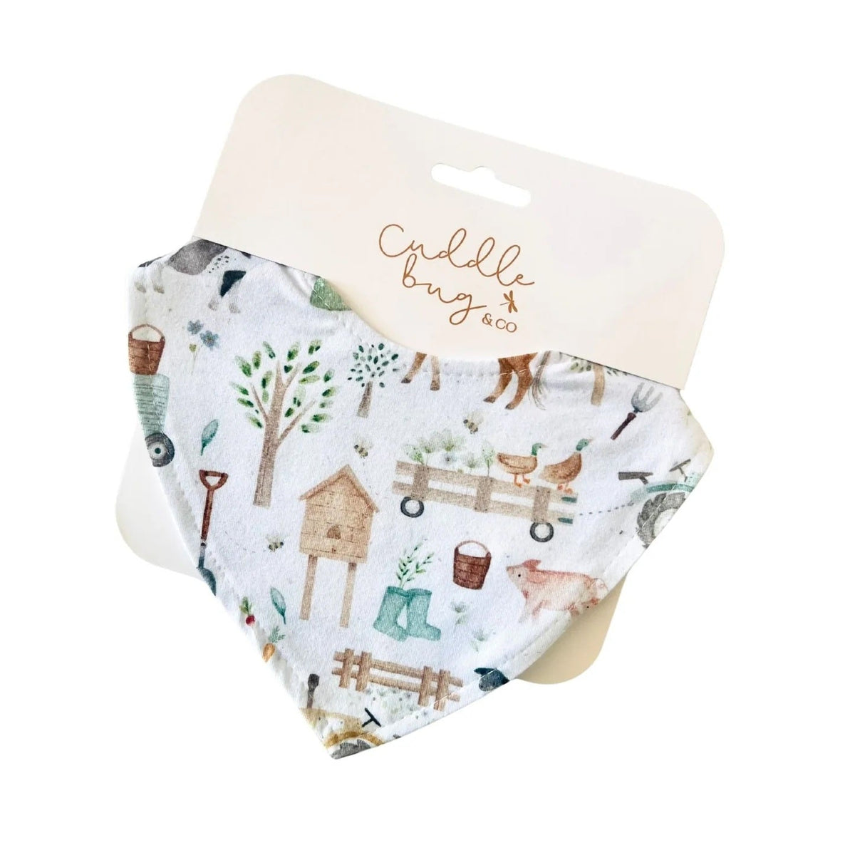 Baby bib with farm-themed design and 'Cuddle Buggies' branding on a white background