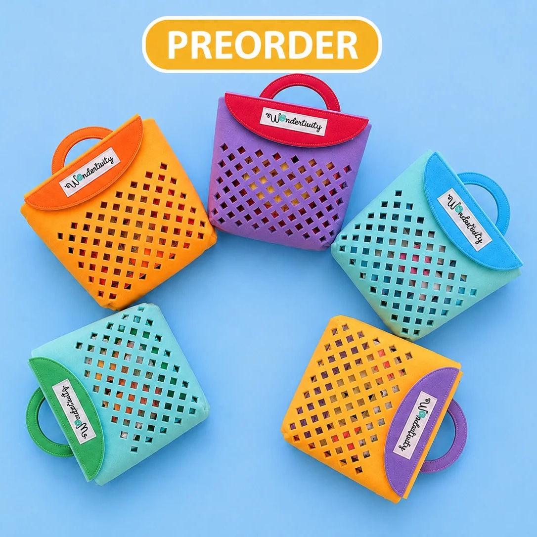 Colorful mesh bags with handles on a blue background, featuring the brand 'My Wonderbag'.