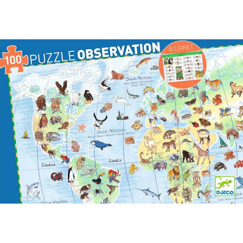 Djeco Observation 100 Pce Puzzle and Booklet - World Animals