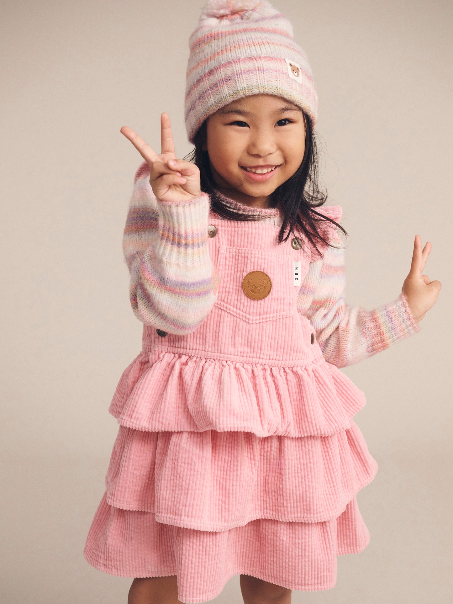 HUXBABY BLUSH CORD TIERED OVERALL DRESS