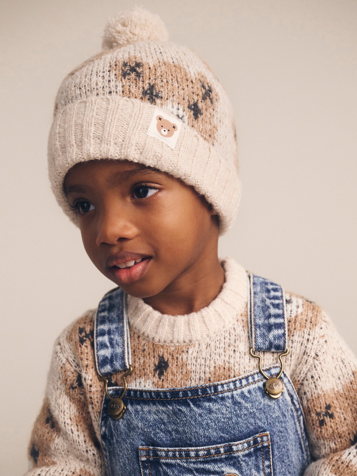 HUXBABY ECRU HUXBEAR KNIT BEANIE