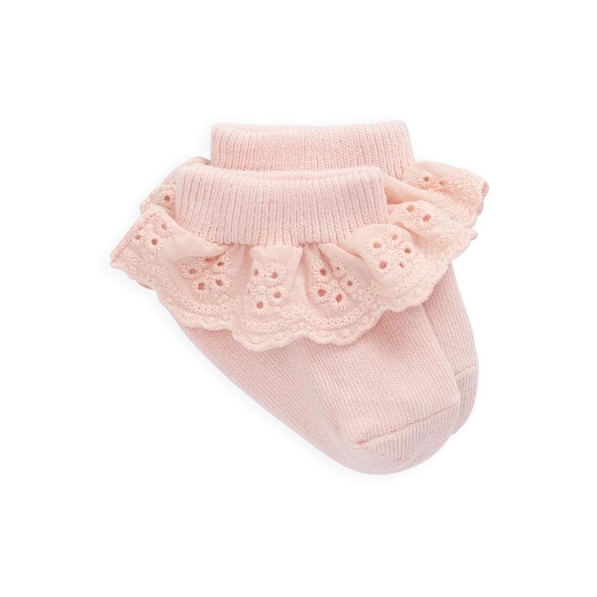 Pink baby socks with ruffled top on a white background