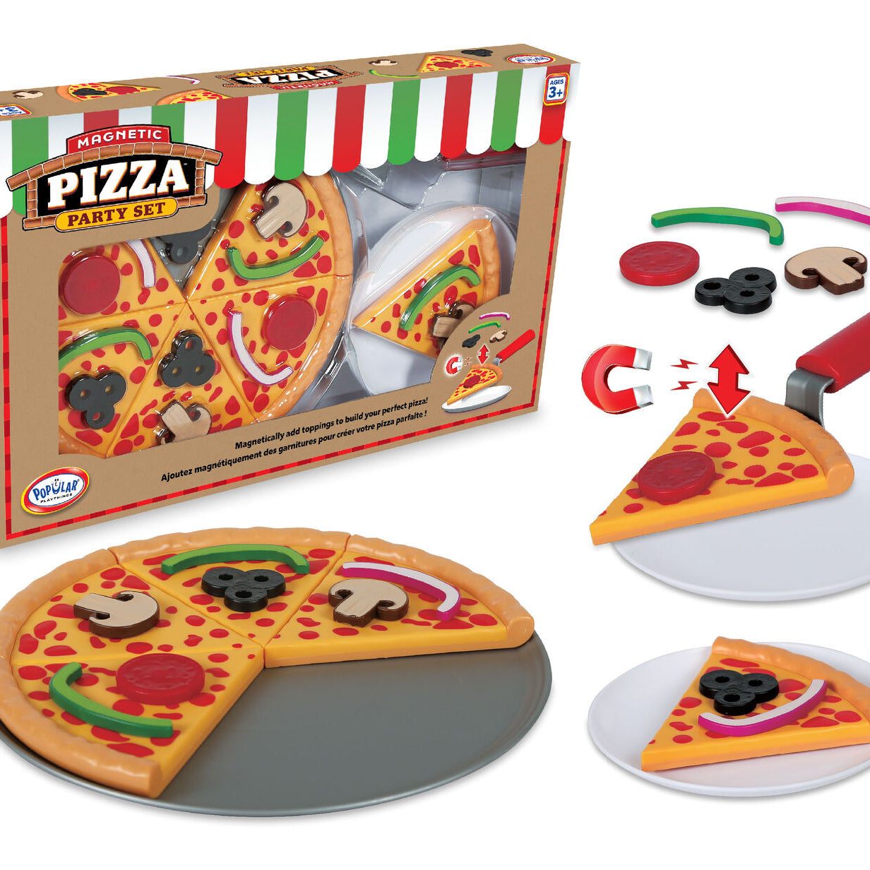 Toy pizza set with packaging, pizza slices, and toy utensils on a white background
