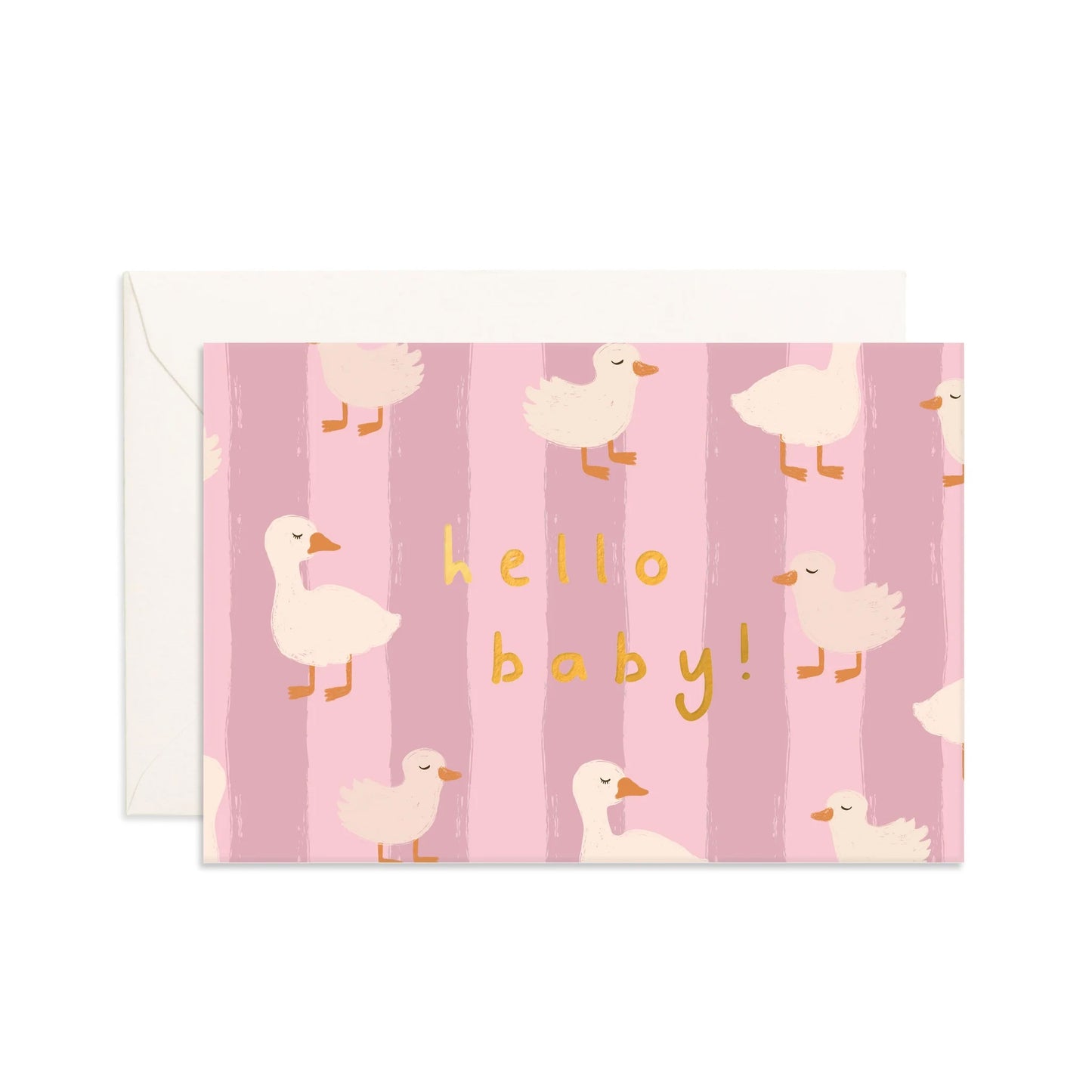 Greeting card with ducks and 'hello baby!' text on a pink striped background