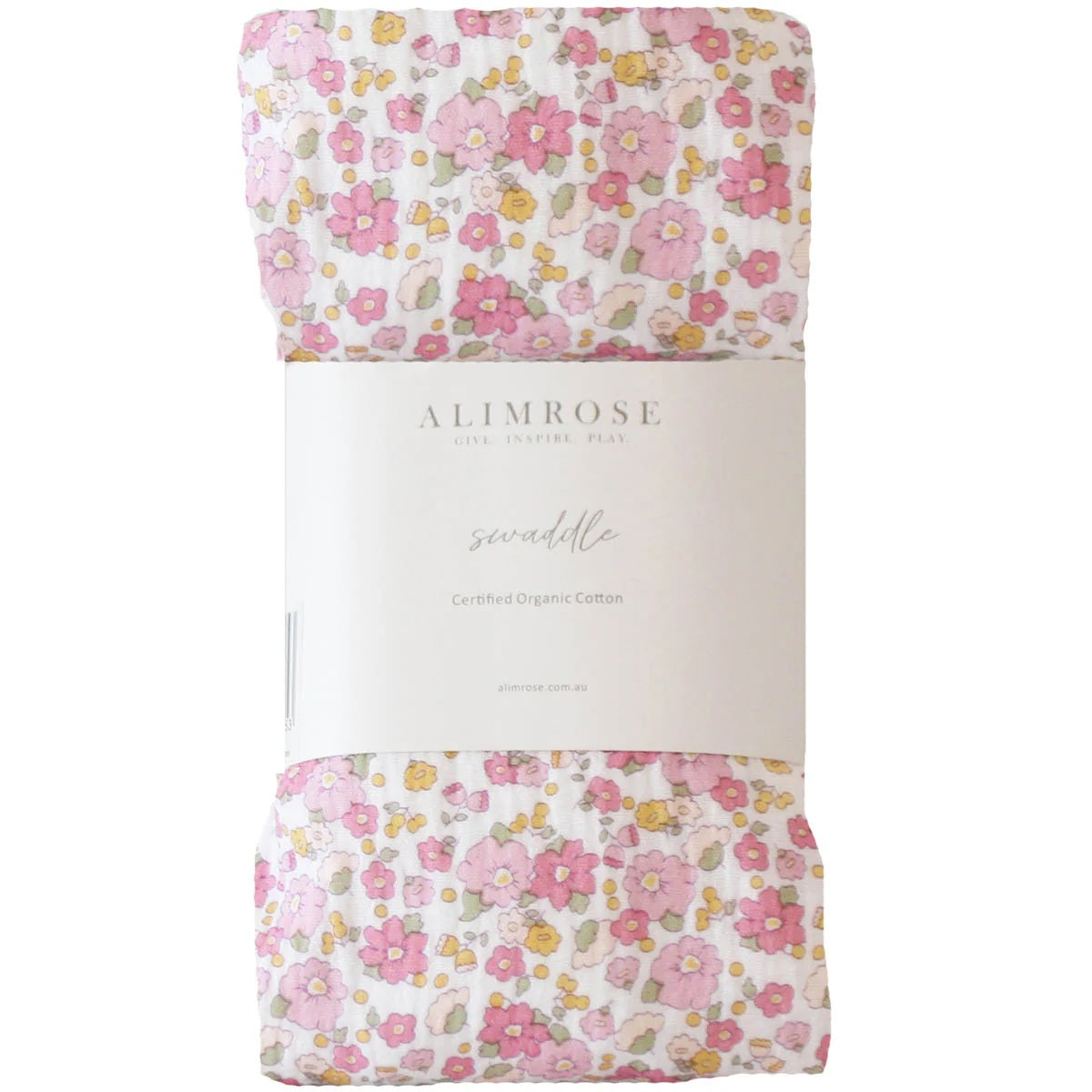 Floral-patterned swaddle blanket with 'Alimrose' branding on a white background