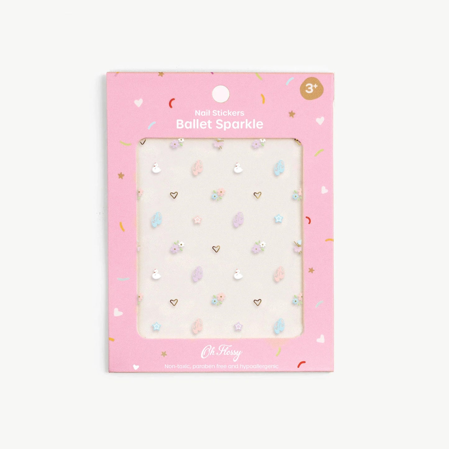 Packaged nail stickers with 'Ballet Sparkle' text on a pink background