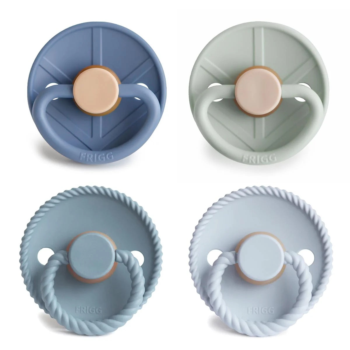 Four silicone pacifiers in different colors on a white background