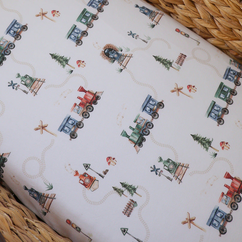 Snuggle Hunny Fitted Bassinet & Change Pad Cover - Trains