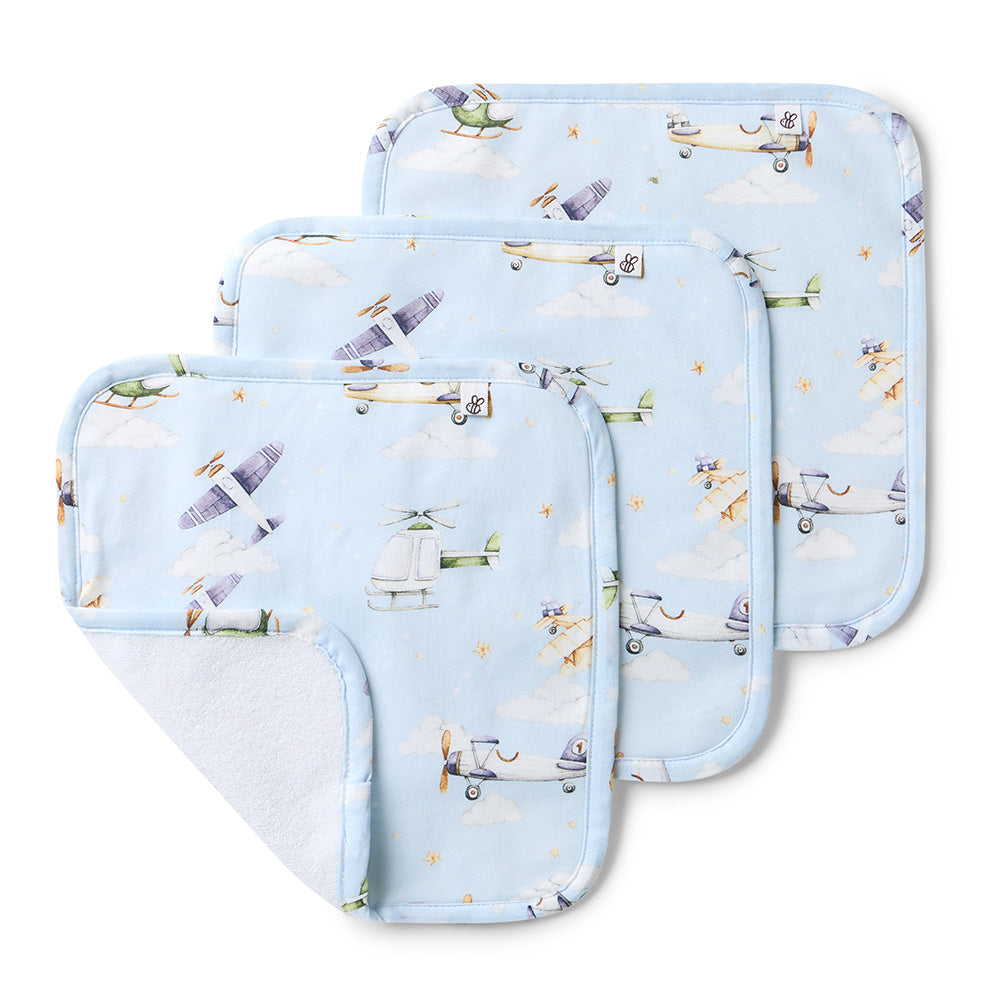 Snuggle Hunny Organic Cotton Wash Cloths 3 Pack - Taking Flight