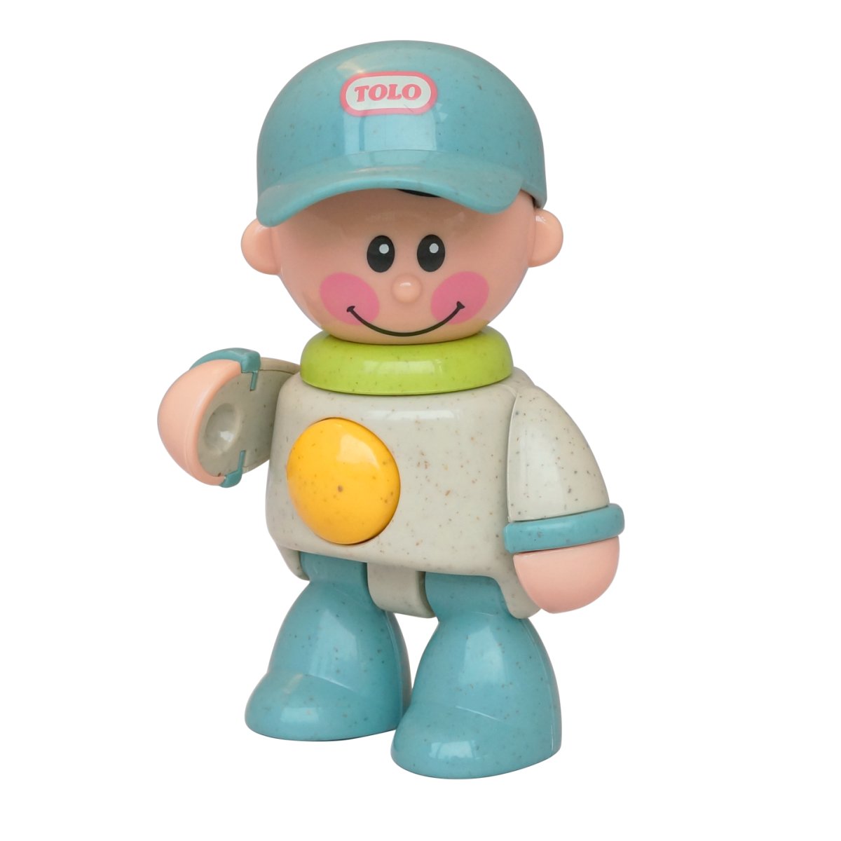 Toy figure with a blue cap and light blue shoes on a white background