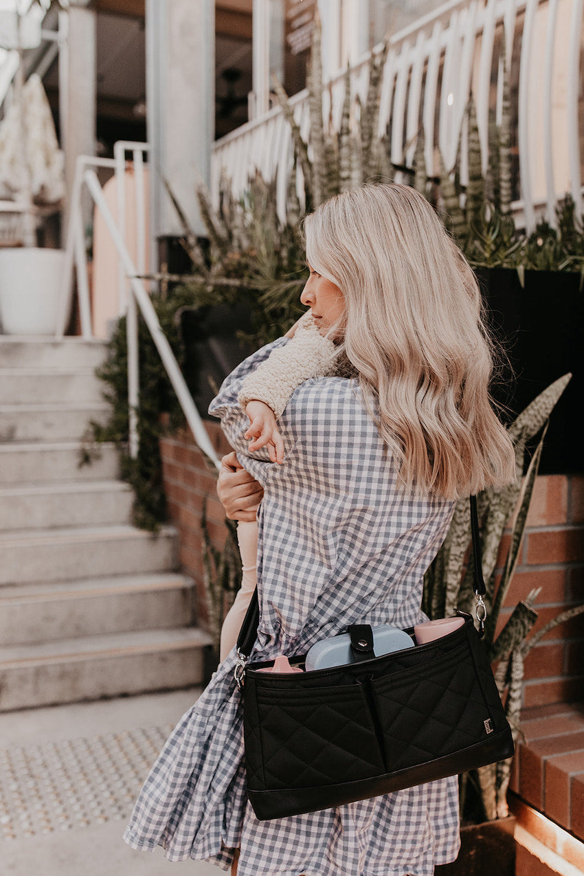 Oioi Vegan Leather Stroller Organiser/Pram Caddy - Black Quilt