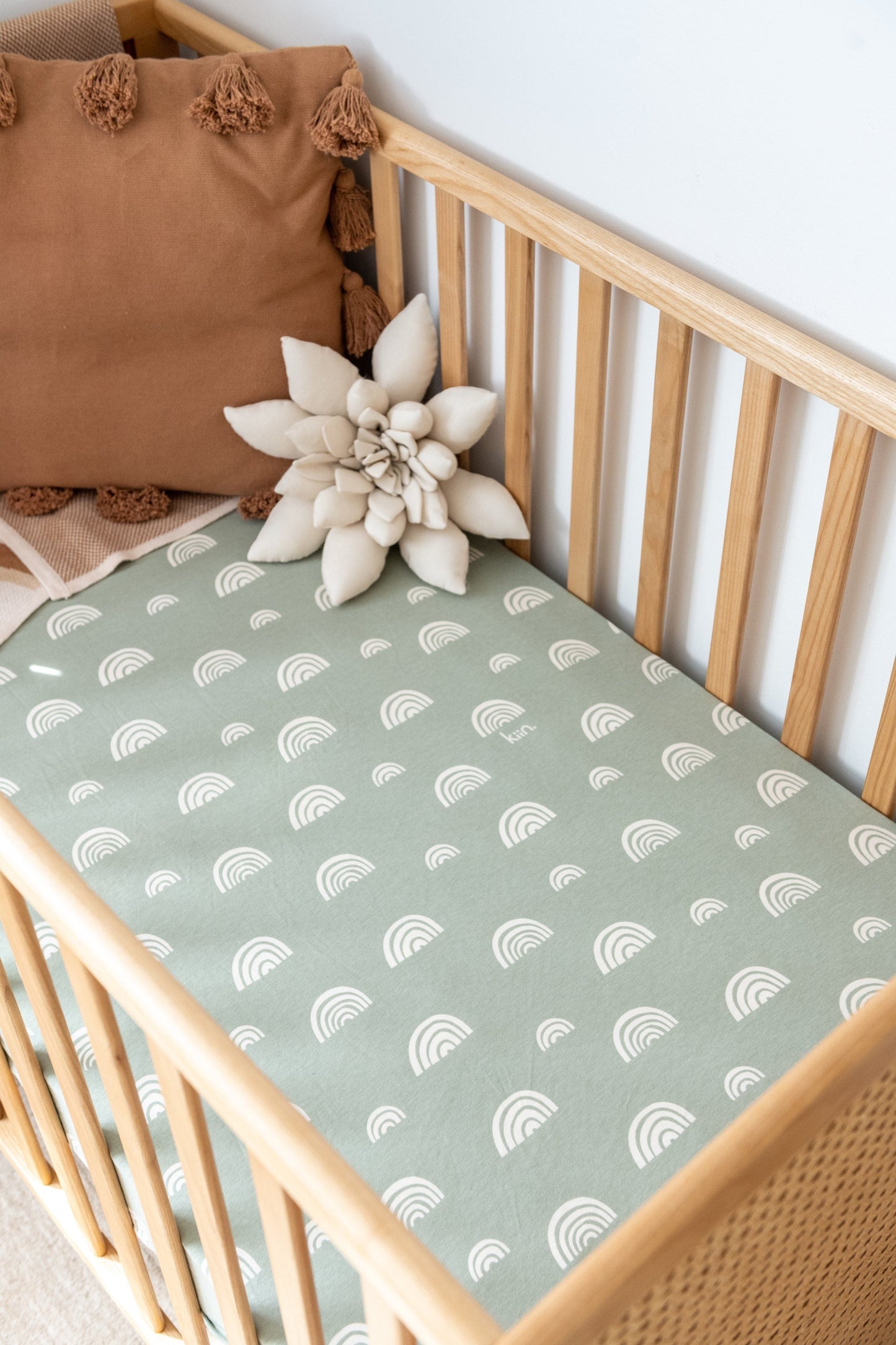 Fitted Bamboo/Organic Cotton Cot Sheet - Rainbow - Sage/Ivory