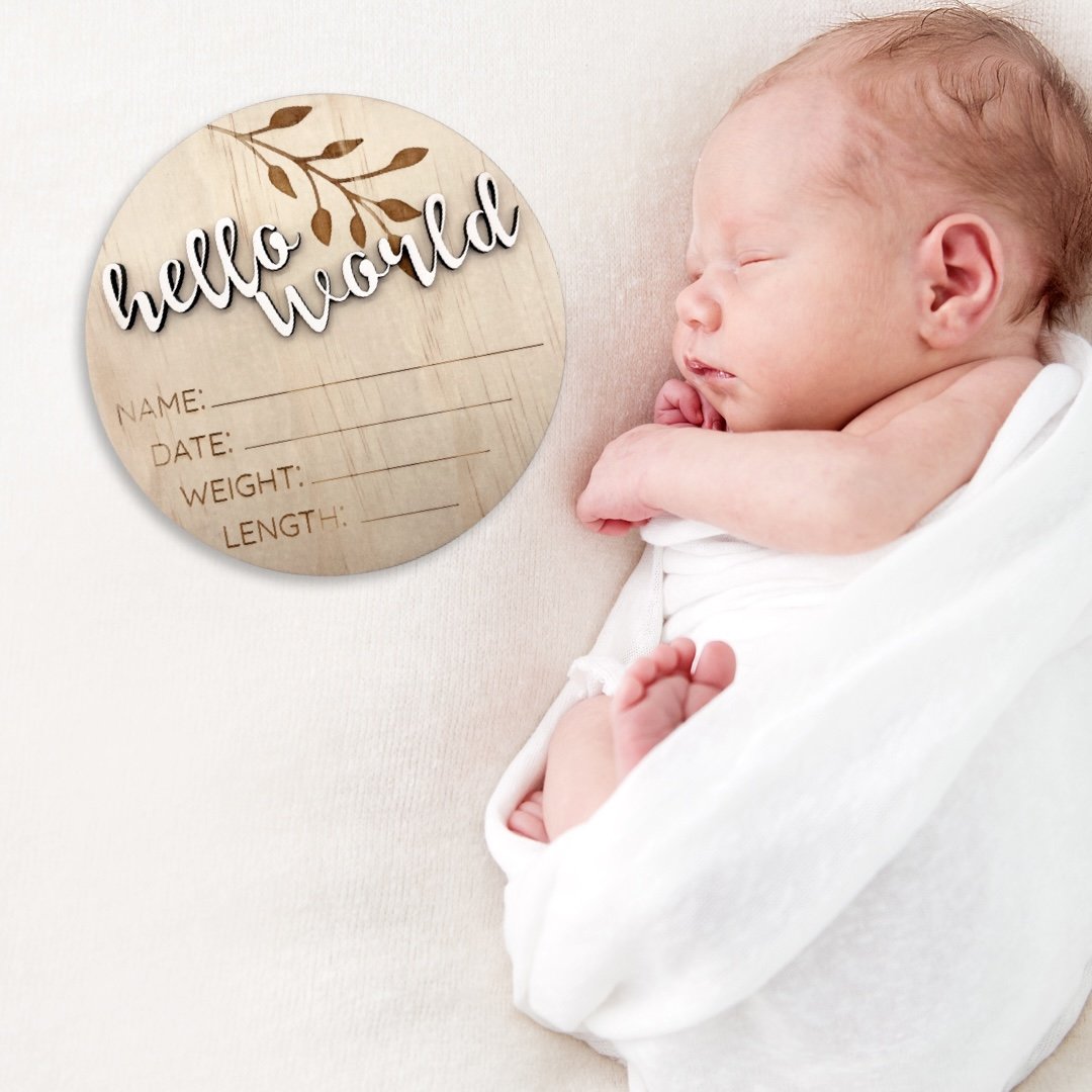 Wooden Birth Announcement Disc - Hello World