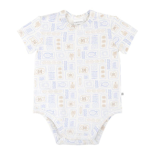Baby onesie with geometric pattern on a white background