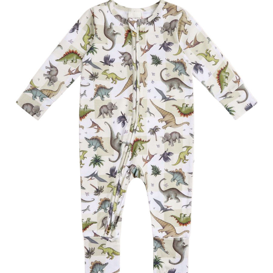 Children's onesie with dinosaur pattern on a white background
