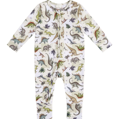 Children's onesie with dinosaur pattern on a white background