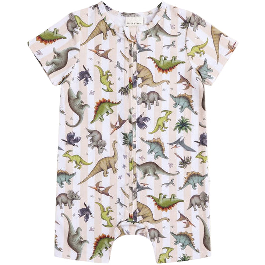 Short-sleeve romper with dinosaur pattern on a white background