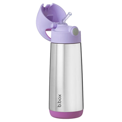 Children's stainless steel water bottle with purple lid and base on a white background