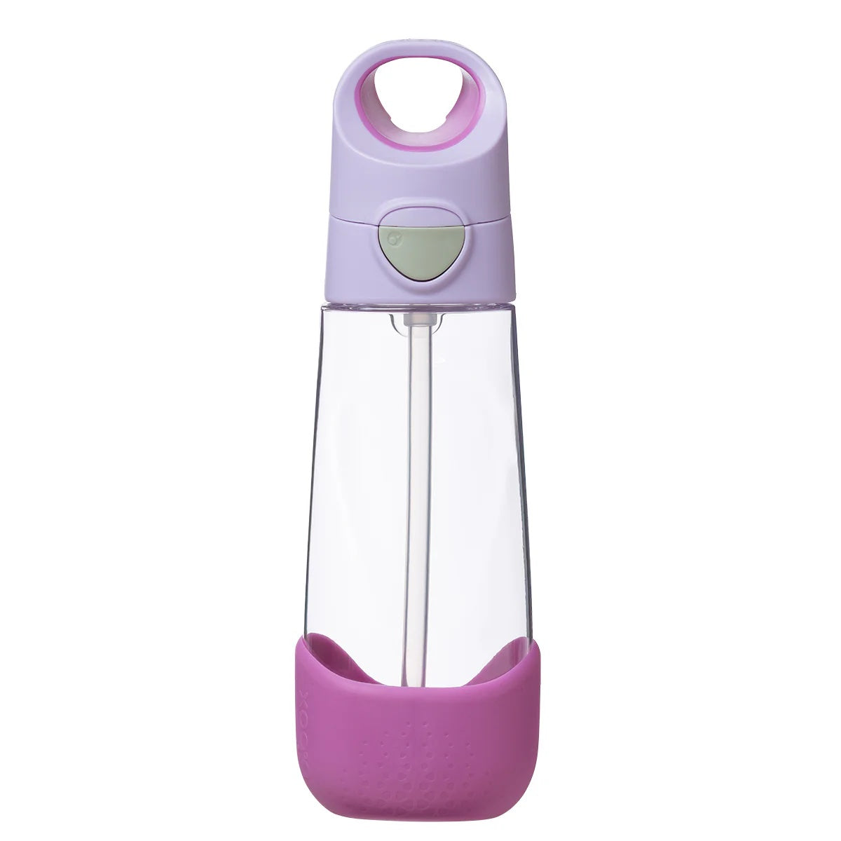 Clear water bottle with purple base and cap on a white background
