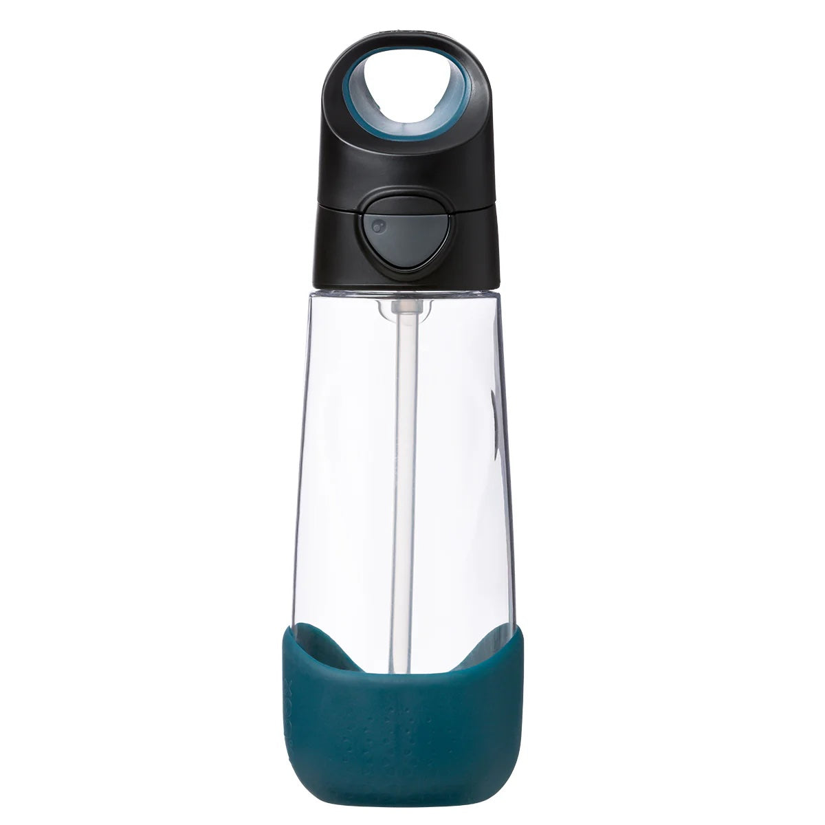 Clear water bottle with black cap and teal base on a white background