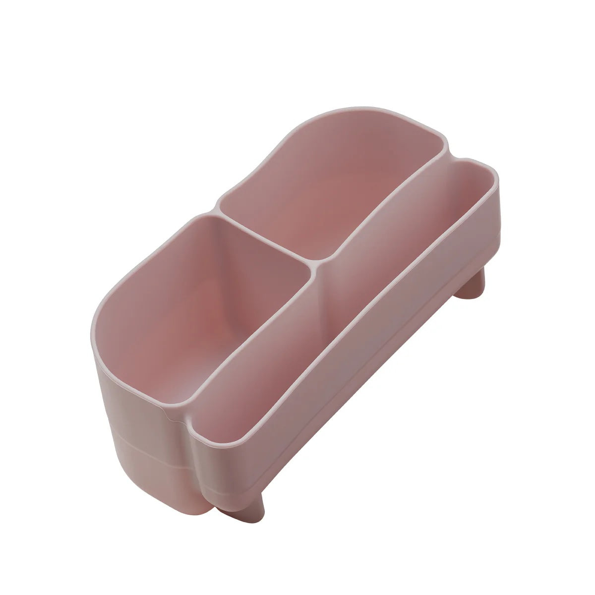 Pink plastic caddy with three compartments on a white background