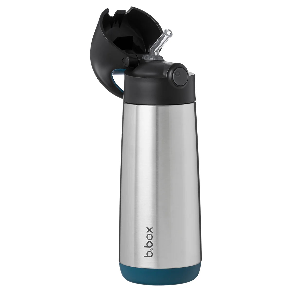 Stainless steel water bottle with black cap and blue base on a white background