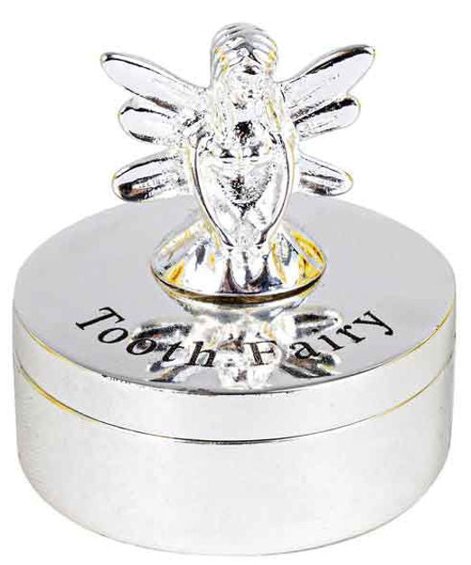 A silver tooth fairy keepsake box with a polished metal lid engraved with 'Tooth Fairy' and a sculpted silver tooth fairy figure on top, shown on a white background.