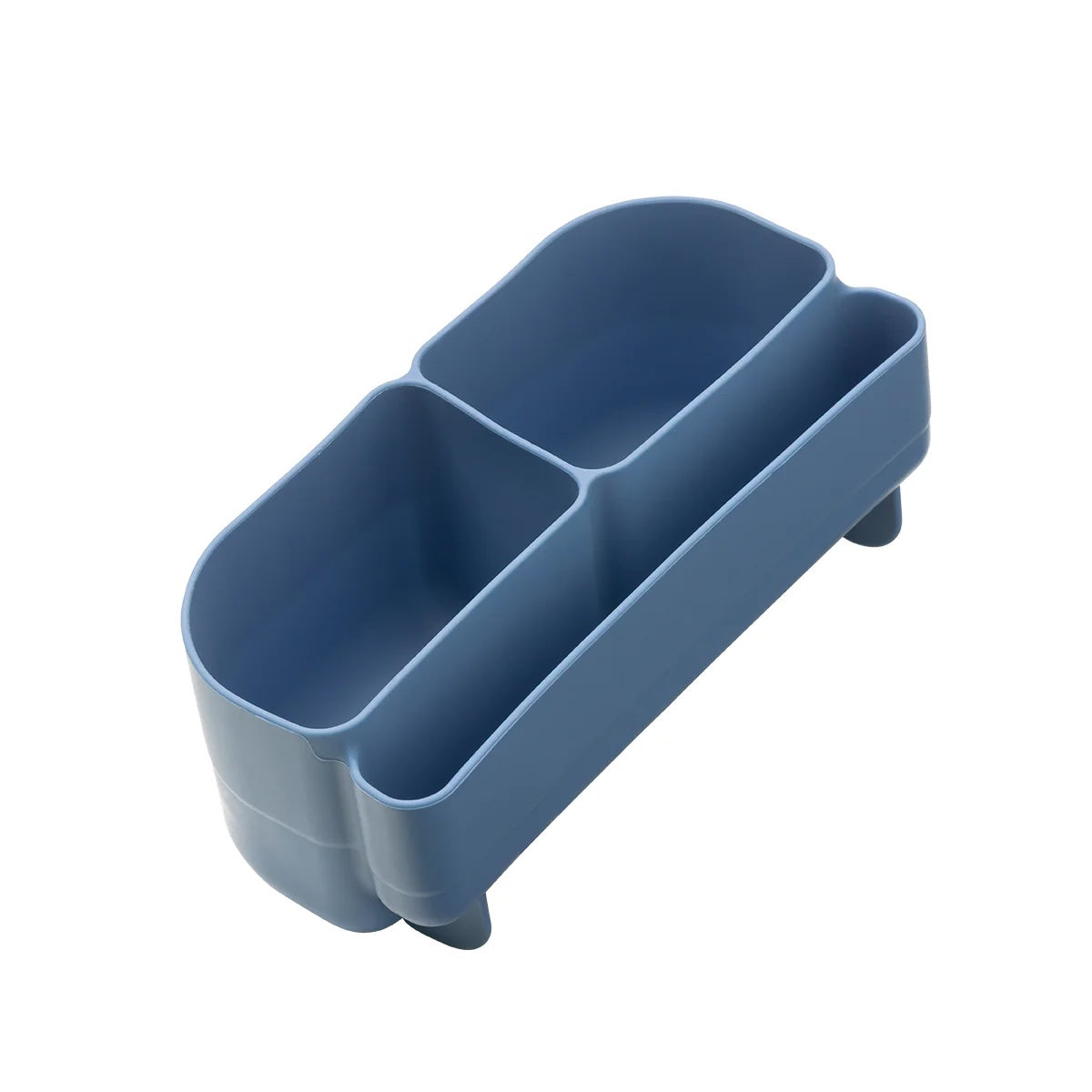 Blue plastic caddy with compartments on a white background