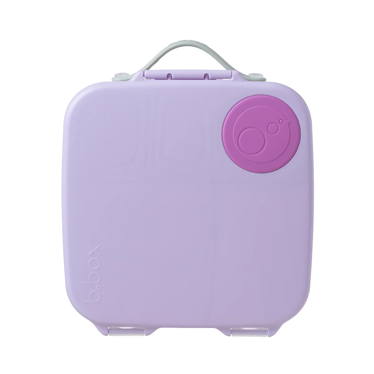 Purple portable device case with a pink circular logo on a white background
