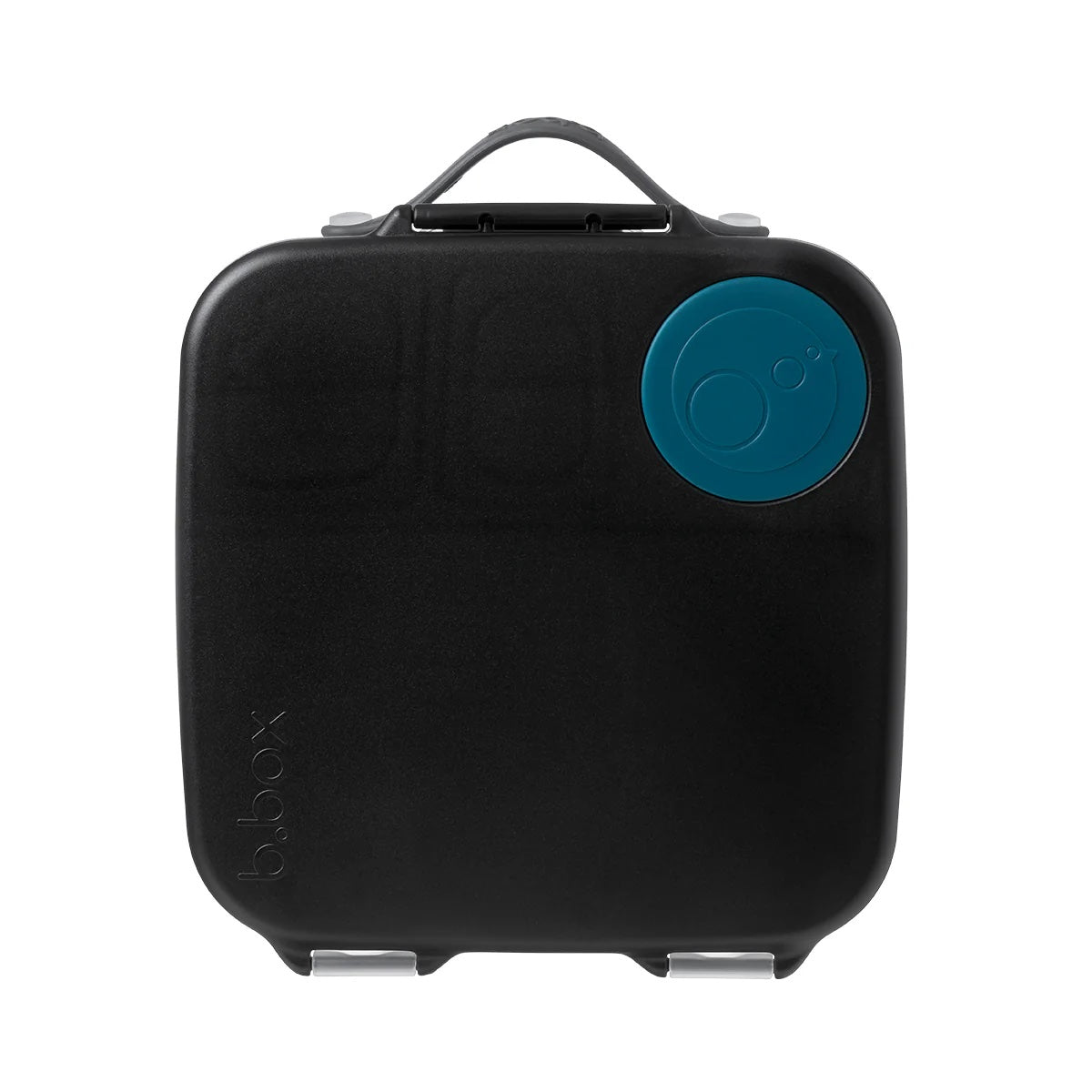 Black suitcase with a blue circular handle on a white background