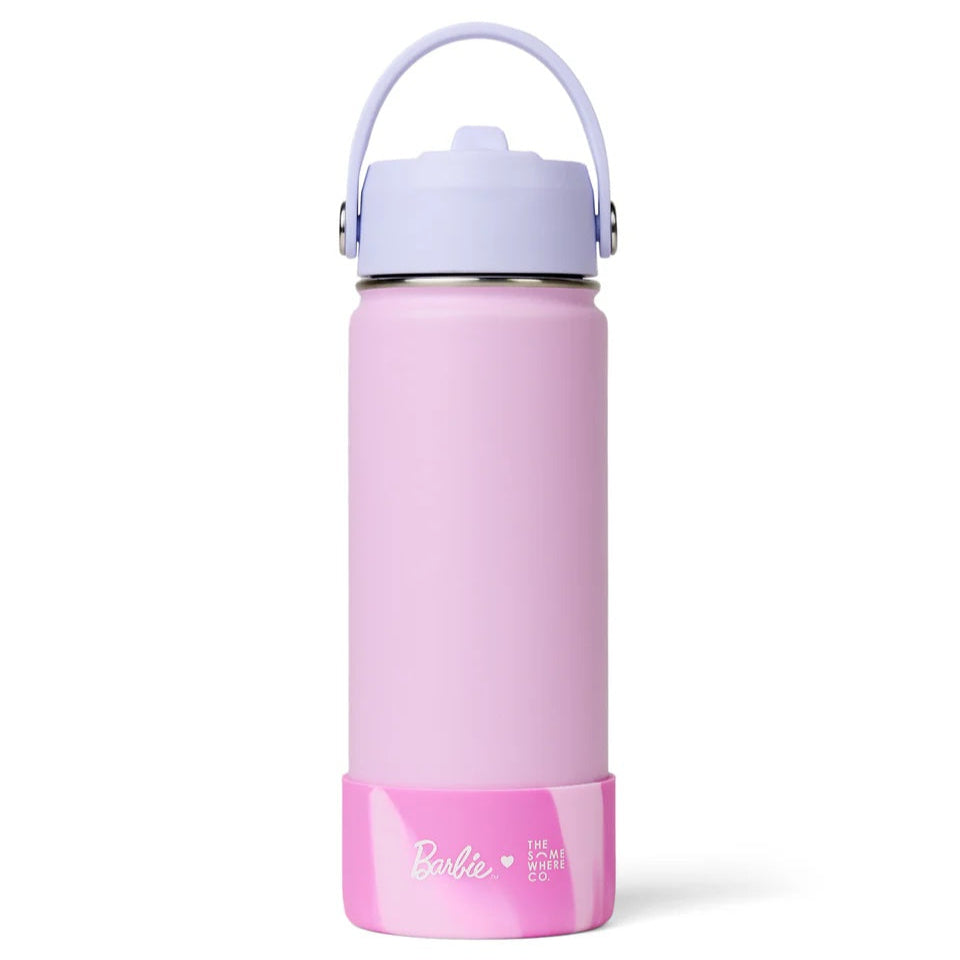 Pink water bottle with a white lid on a white background