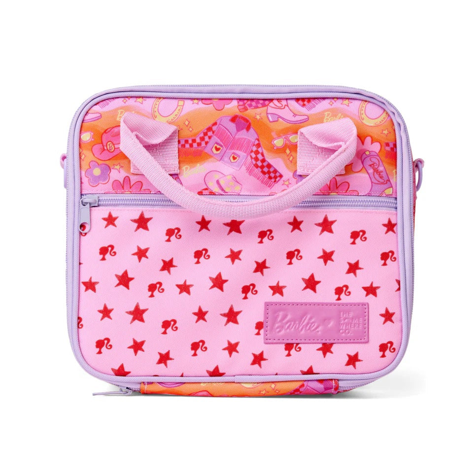 Pink bag with star pattern and colorful interior on a white background