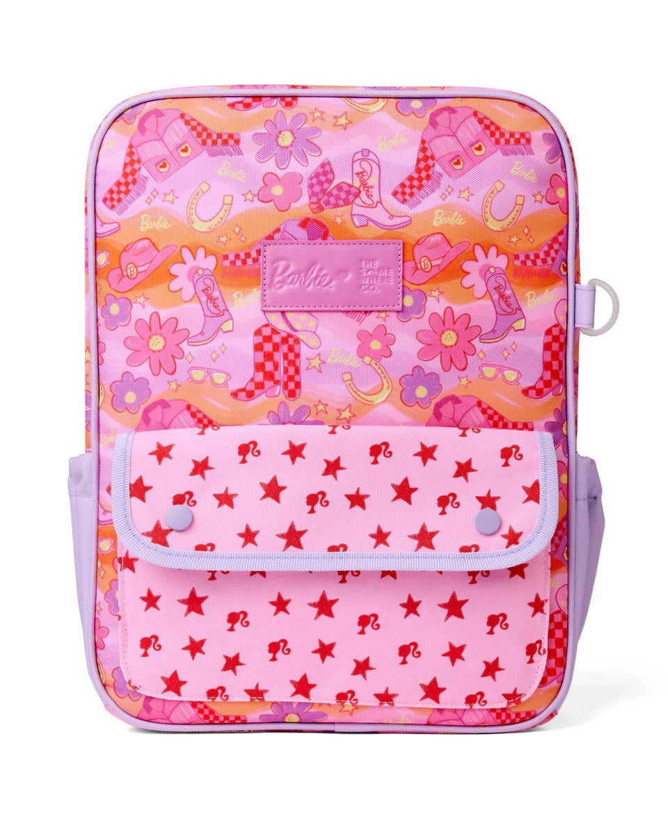 Pink backpack with colorful patterns and a Barbie logo on a white background