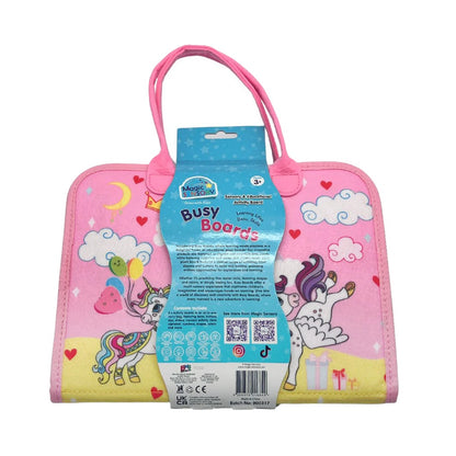 Pink busy board with unicorn design and packaging on a white background