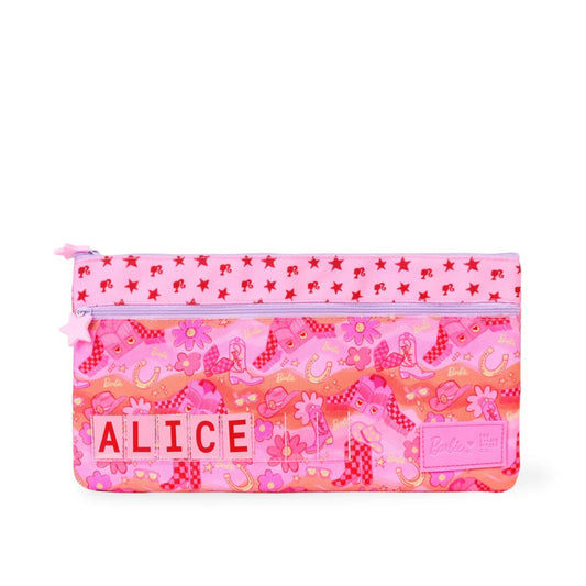 Pink pencil case with floral pattern and 'ALICE' branding on a white background