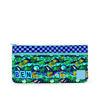 Pencil case with colorful design and checkered pattern on a white background