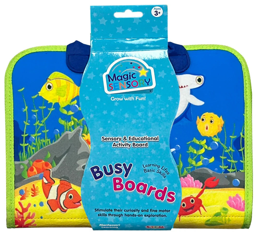 Magic Sensory Busy Boards packaging with colorful underwater design