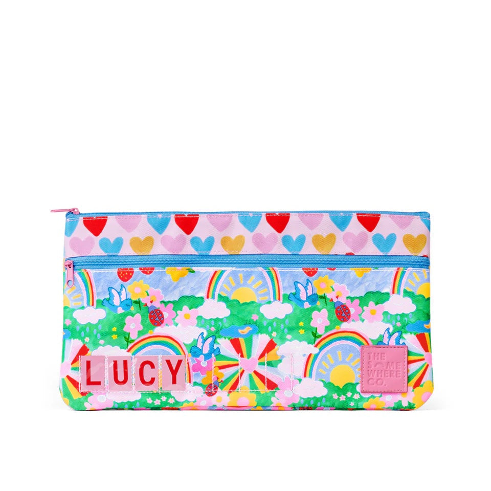 Colorful pencil case with rainbow, hearts, and clouds design on a white background