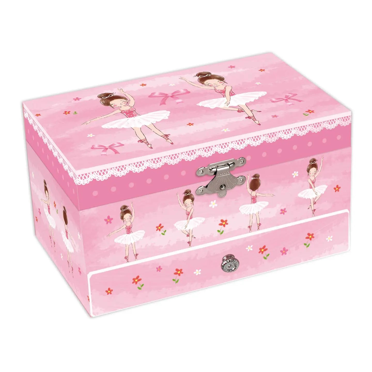 Pink jewelry box with ballerina designs on a white background