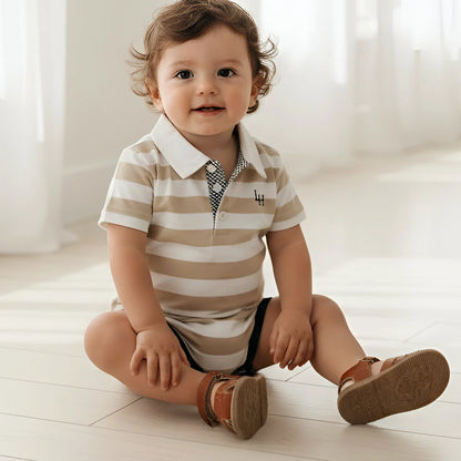 LOVE HENRY | RUGBY POLO ROMPER | BEIGE STRIPE