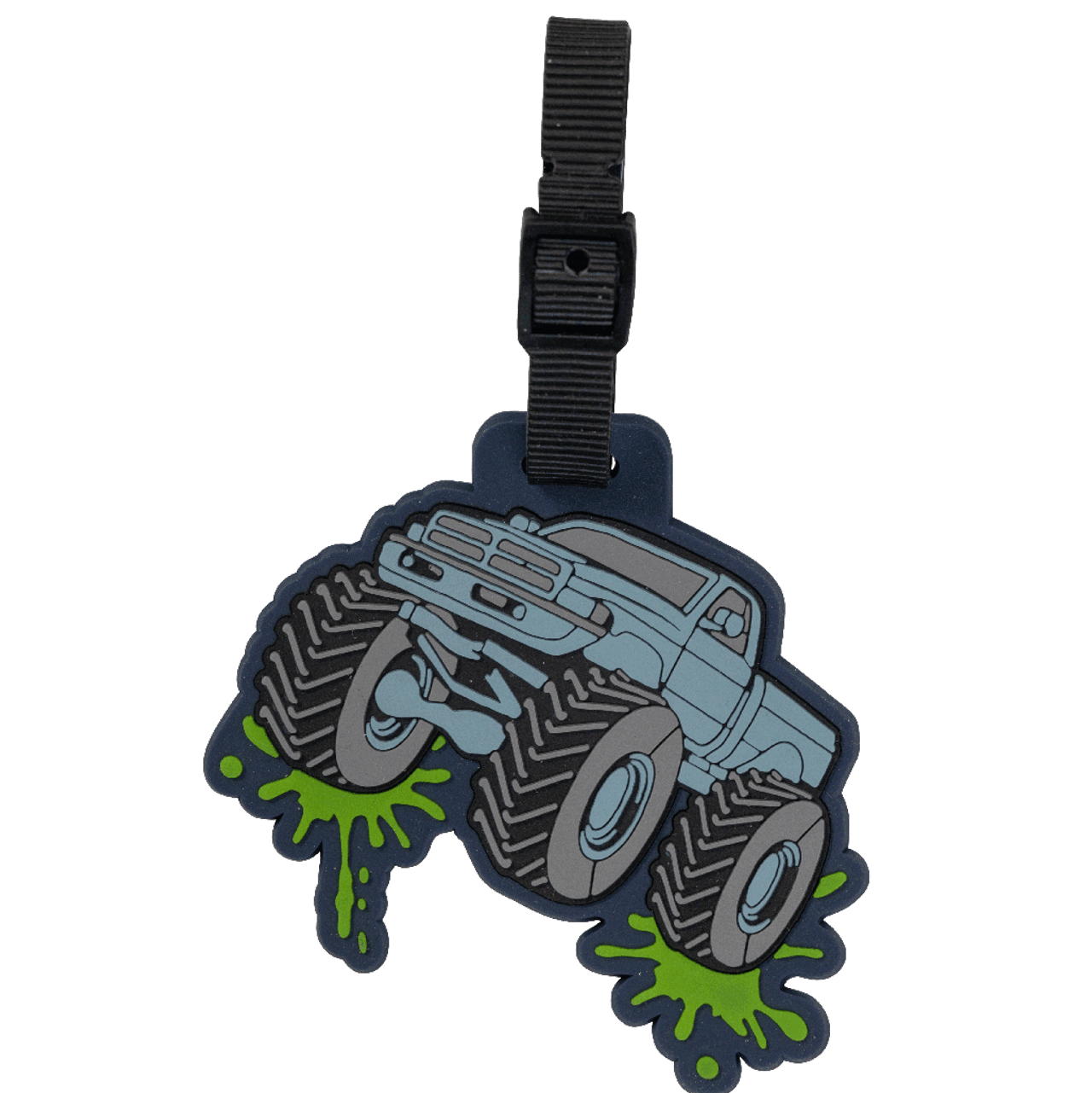 Luggage tag with a monster truck design on a white background