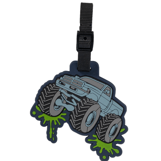 Luggage tag with a monster truck design on a white background