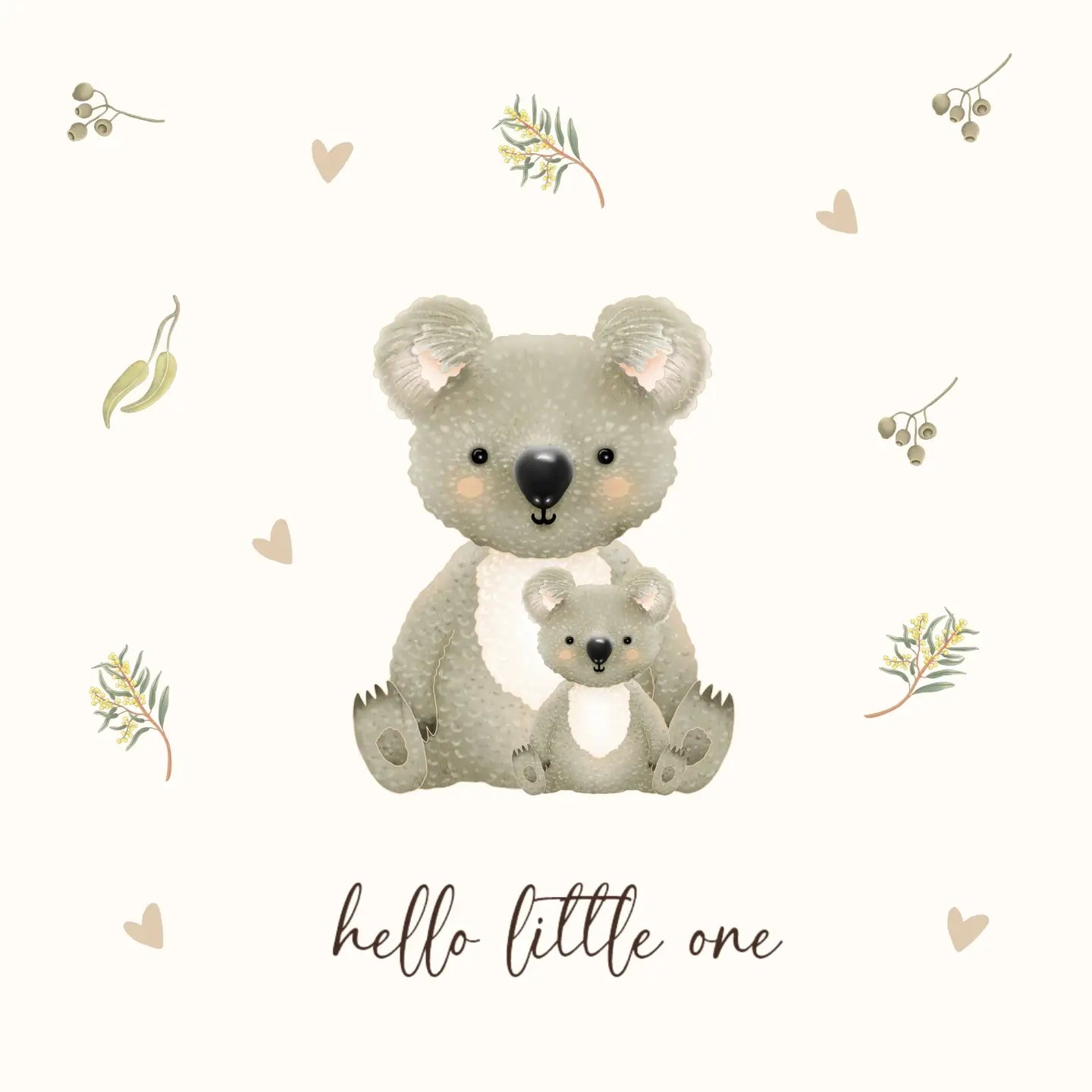 Two plush koalas with a baby koala on a white background with decorative elements.