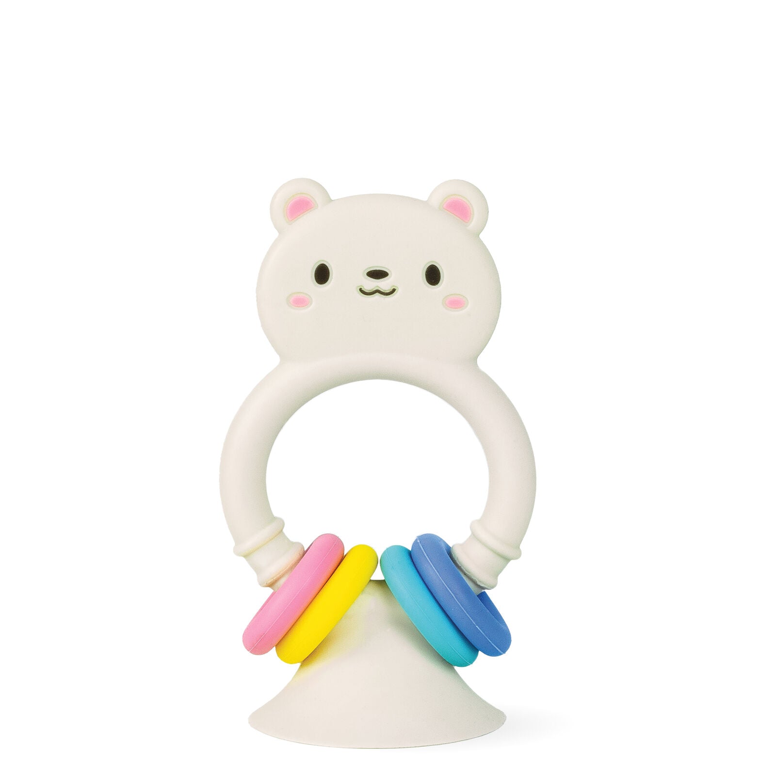 White bear-shaped teething ring with colorful rings on a white background