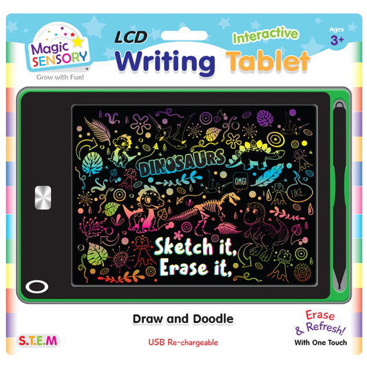Magic Sensory LCD Interactive Writing Tablet packaging with colorful designs and text.