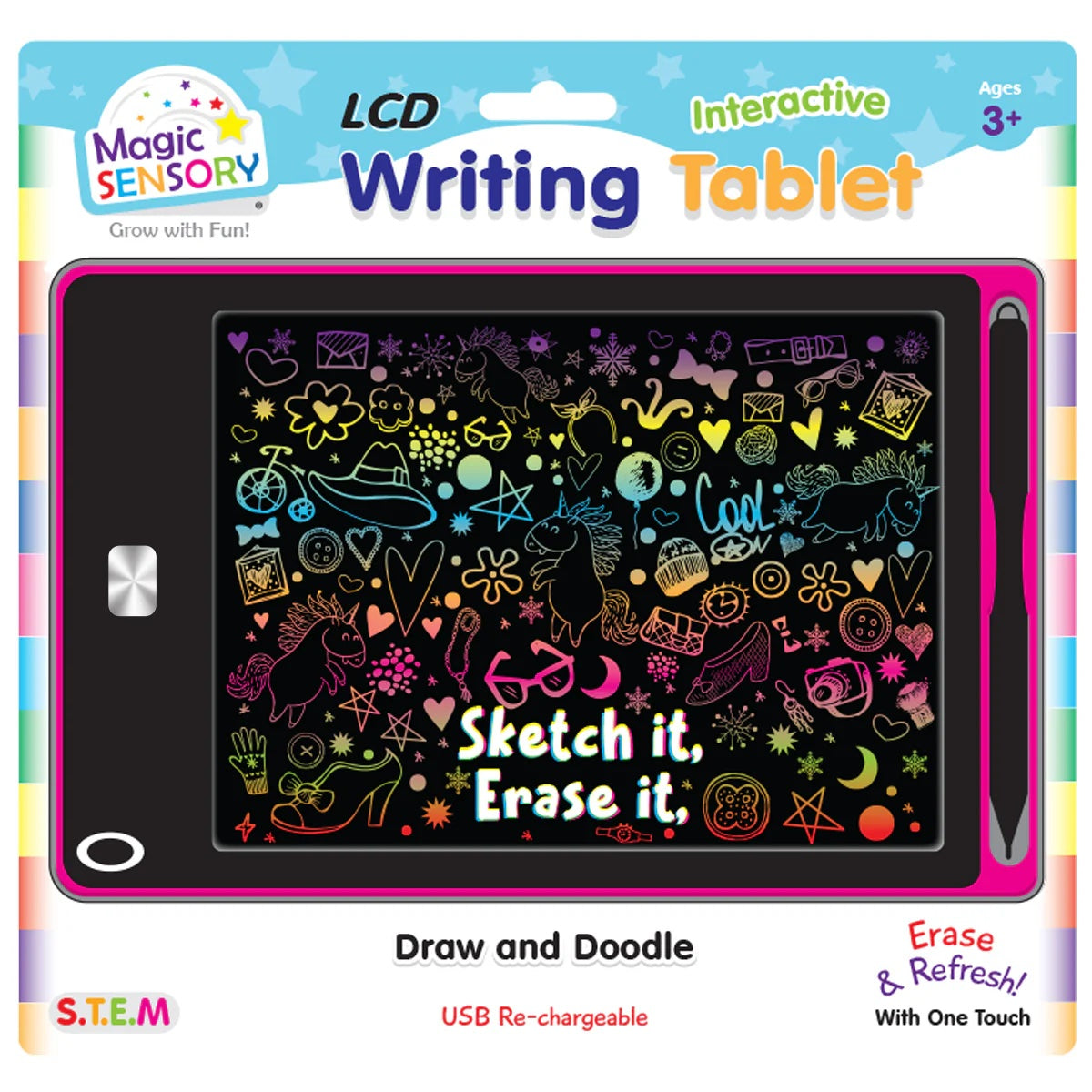 Magic Sensory LCD Interactive Writing Tablet packaging with colorful designs and text.